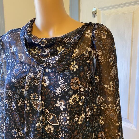See by Chloe Women S/M Black Floral Mesh Blouse Top Dark LongSleeve Luxury Silky - Picture 6 of 8